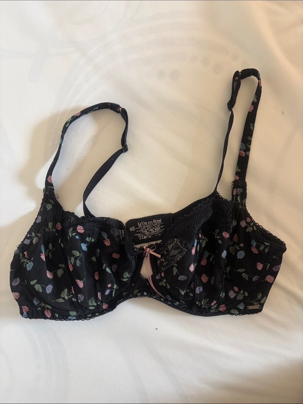 La Vie En Rose Black Floral Lace Bra with Pastel Print